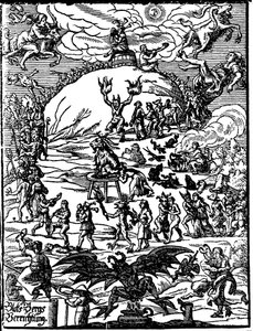 Een sabbatceremonie, een geit die de duivel voorstelt in het midden, omringd door heksen en demonen. Duitse gravure uit de 16e eeuw