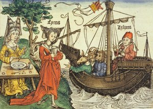 Een tovenares, waarschijnlijk Circe met de gifbeker en Odysseus met zijn metgezellen, uit de Neurenberg Kroniek door Hartmann Schedel (1440-1514) 1493