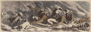 Een karavaan gevangen in een zandstorm in de Sahara (gekleurde gravure) door German School