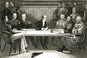 Een conferentie op Chusan tussen Commodore Bremer en Chang, een Chinese ambtenaar, aan boord van de HMS Wellesley, 4 juli 1841 door German School