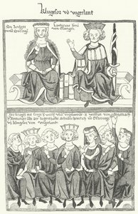Een afbeelding van de Sangerkrieg, een wedstrijd tussen minstrelen op het Wartburg-kasteel in Thüringen in 1207, uit de Codex Manesse