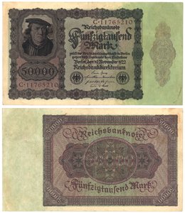 Een bankbiljet van vijftigduizend mark, 1922 (recto en verso) door German School