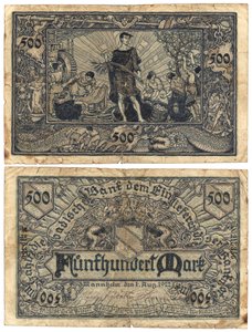 Een bankbiljet van vijfhonderd mark, 1922 (recto en verso)