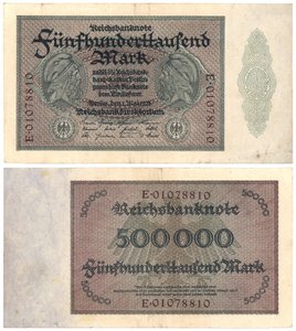 Een bankbiljet van vijfhonderdduizend mark, 1923 (recto en verso)