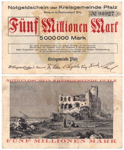Een bankbiljet van vijf miljoen mark, ca. 1923