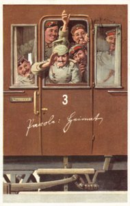 Een groep Duitse soldaten uit de Eerste Wereldoorlog zwaait vanuit een treinwagon