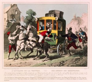 Een pasgetrouwd stel wordt aangevallen door struikrovers in Italië, prentenblad gepubliceerd door Gangel & P. Didion, Metz, ca. 1850