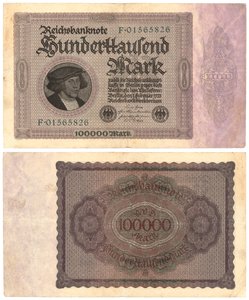 Een bankbiljet van honderdduizend mark, 1923 (recto en verso) door German School