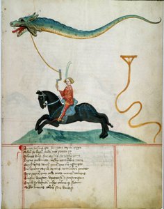 Een ridder die een draakvliegend hert vasthoudt Manuscriptpagina van de Duitse school uit de 15e eeuw. 1405 Göttingen, bibliotheek van de Universiteit door German School
