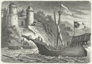 Een koopvaardijschip van de Hanze (gravure) door German School