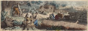 Een nieuwe nederzetting in het Amerikaanse Westen (gekleurde gravure) door German School