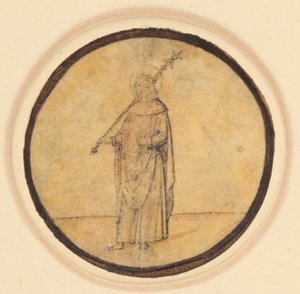 Een rondel met St. Louis van Frankrijk die een scepter over zijn rechterschouder houdt