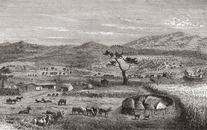 Een nederzetting in Kouihara, West-Afrika, illustratie uit 