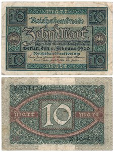 Een bankbiljet van tien mark, 1920 (recto en verso)