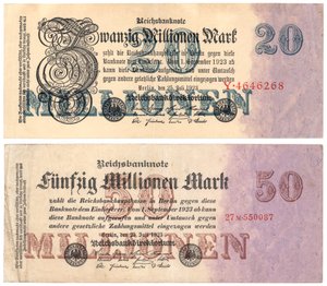Een bankbiljet van twintig en vijftig miljoen mark, 1923