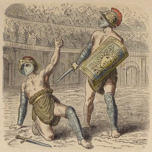 Een gewonde Romeinse gladiator smeekt het publiek om zijn leven door German School