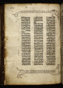Add. 21160, f.188, Micrografie van twee honden die een hert achtervolgen, boom met vogels en een draak, bij Numeri (h. 2-3) door German School