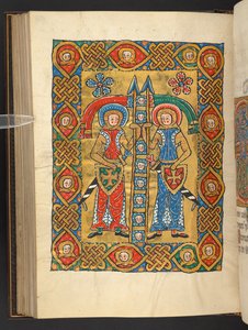 Add. 60629, f.84v Twee militaire heiligen, met de hoofden van anderen door German School
