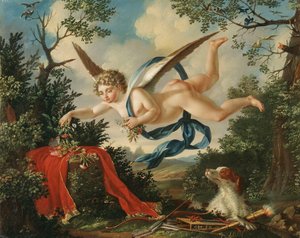 Allegorieën van de liefde - Cupido verzamelt bloemen in een landschap, 1803 door German School