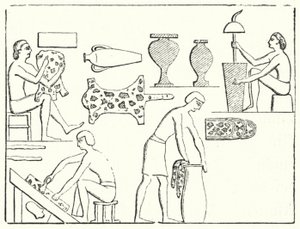 Oude Egyptische leerlooiers (gravure) door German School