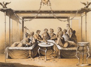 Oude Romeinen genieten van een maaltijd (kleurenlitho) door German School