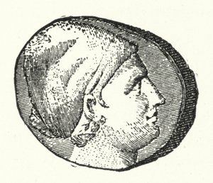 Oude munt met het hoofd van de oude Griekse dichter Sappho (gravure) door German School