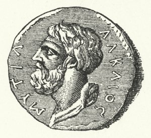 Oude munt met het hoofd van de Griekse dichter Alcaeus van Mytilene door German School