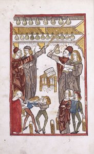 Apothekers en drankjes, met twee vechtende jongens op de voorgrond, 1491