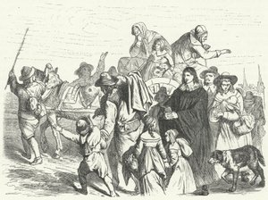 Aankomst van Franse Hugenoten-immigranten in Brandenburg na het uitvaardigen van het Edict van Potsdam door de Grote Keurvorst Frederik Willem in 1685 (gravure) door German School