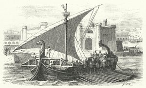 Aankomst van een Fenicisch koopvaardijschip in een haven (gravure) door German School