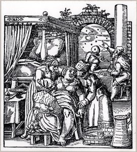 Astrologen maken een horoscoop voor het kind dat wordt geboren bij een vrouw in een geboortestoel, uit De Conceptu et Generatione Hominis door Jacob Rueff, gepubliceerd in Frankfurt, 1587 door German School