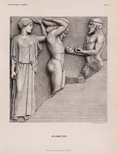 Atlas brengt Heracles de appels van de Hesperiden in aanwezigheid van Athena, metope van de Tempel van Zeus, Olympia, Griekenland