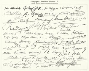Handtekeningen van beroemde mensen: componisten, muzikanten en Engelse, Franse en Duitse schrijvers (gravure) door German School