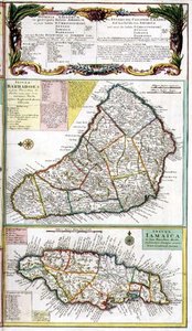 Barbados en Jamaica, detail van een kaart van Engelse koloniën in het Caribisch gebied, uitgegeven door Homanns erfgenamen, Neurenberg, ca. 1750 (detail)