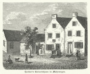 Geboorteplaats van de Duitse auteur, filosoof en Lutherse theoloog Johann Gottfried von Herder, Mohrungen (gravure) door German School