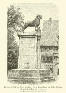 Bronzen leeuw opgericht door Hendrik de Leeuw in Braunschweig in 1166 (gravure)