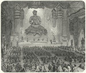 Boeddhisten aanbidden in een klooster in Peking (gravure) door German School