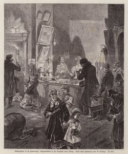 Kaarsen te koop in de vestibule van een kerk in Sint-Petersburg, Rusland, met Kerstmis (gravure) door German School