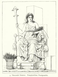 Ceres, Romeinse godin van de oogst, op de troon, muurschildering uit Pompeii (gravure) door German School
