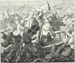 Karel Martel bij de Slag bij Poitiers, 732 (gravure) door German School