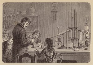 Kinderen kijken naar een wetenschappelijk experiment (gravure) door German School