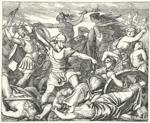 Cimbrian vrouwen verdedigen hun bagagetrein tegen aanvallende Romeinse soldaten, eind 2e eeuw na Christus (gravure) door German School