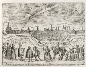 Komeet gezien boven Augsburg eind november 1618, uit Cometen Historia, uitgegeven 1618
