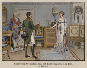 Gesprek tussen koningin Louise van Pruisen en keizer Napoleon I in Tilsit, 6 juli 1807 (kleur litho) door German School
