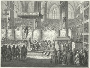 Kroning van Karel X Gustaaf van Zweden in de kathedraal van Uppsala door German School