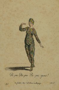 Kostuumontwerp voor de rol van Papageno in de opera De Toverfluit door Wolfgang Amadeus Mozart, gepubliceerd in Leipzig door I. B. Klein, 1793 door German School