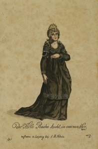 Kostuumontwerp voor de rol van de Koningin van de Nacht in de opera De Toverfluit door Wolfgang Amadeus Mozart, gepubliceerd in Leipzig door I. B. Klein, 1793 door German School