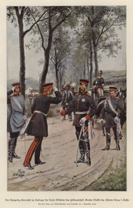 Kroonprins Frederik van Duitsland reikt veldmaarschalk Helmuth von Moltke het IJzeren Kruis uit namens zijn vader, keizer Wilhelm I door German School
