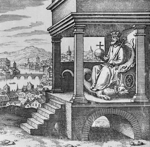 Gekroonde koning op troon uit Musaeum Hermeticum door German School