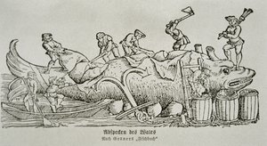 Het in stukken snijden van een walvis (houtsnede)